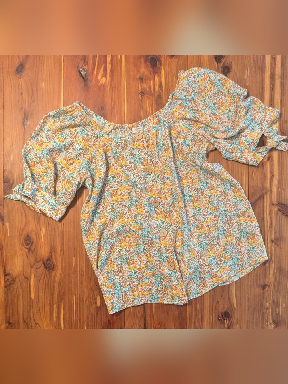LC Lauren Conrad Yellow & Turquoise Floral Button-Front Puff Sleeve Blouse